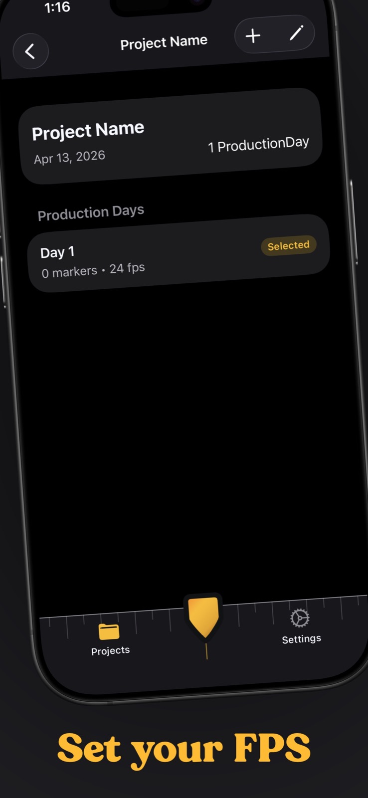 A Meta Note project with its production day and frame rate
