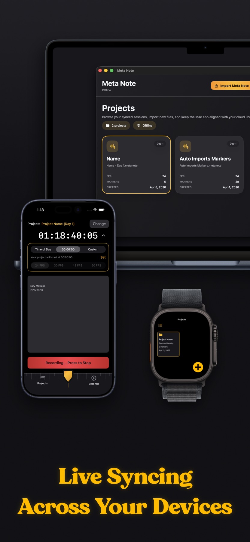 Meta Note running across a Mac, iPhone, and Apple Watch